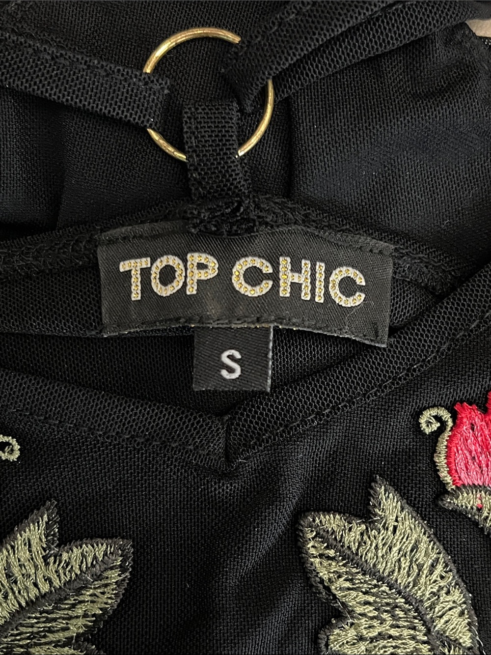 TOP CHIC Black Mesh Floral Embroidered Bodysuit with Pink Roses - Picture 10 of 13
